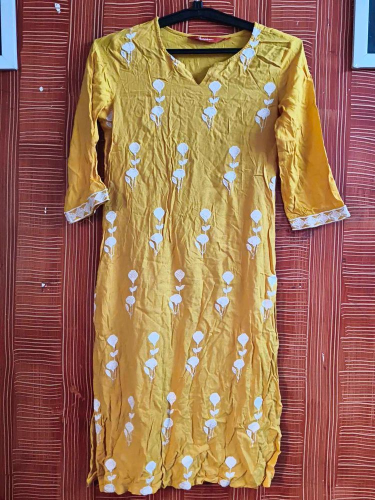 Yellow Embroidered Kurti