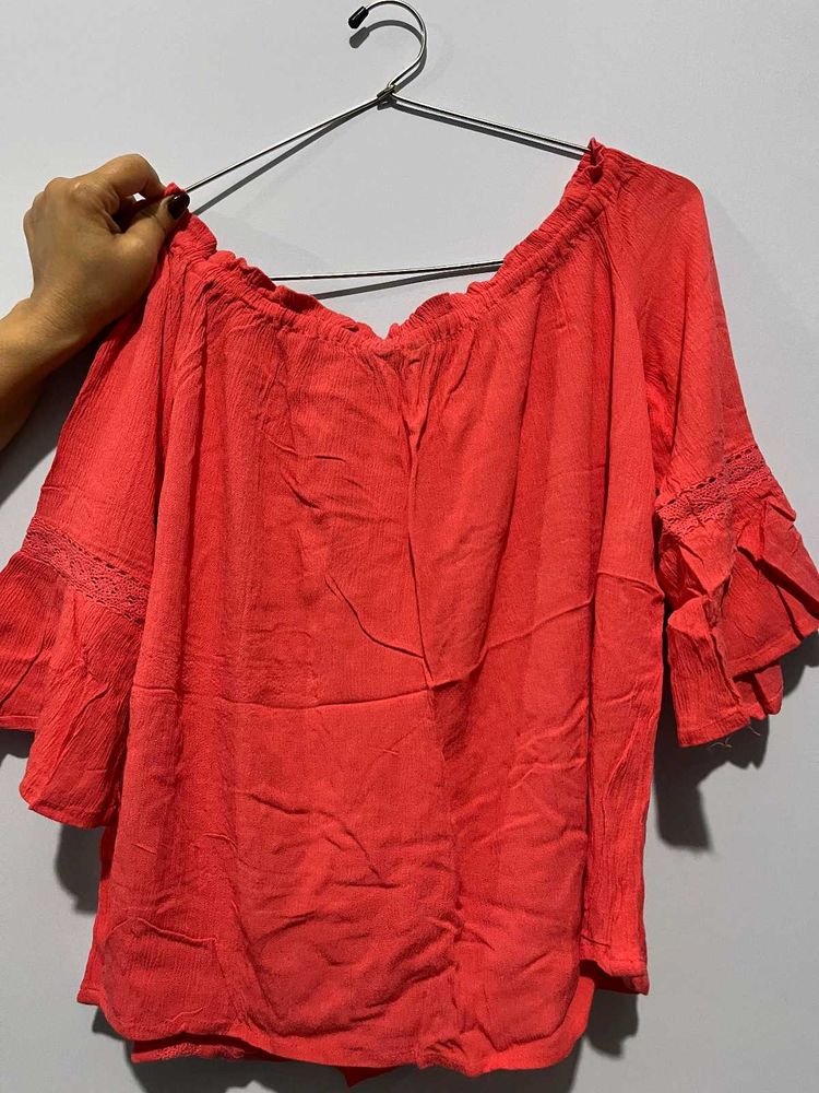 Coral Off-Shoulder Ruffle Sleeve Top