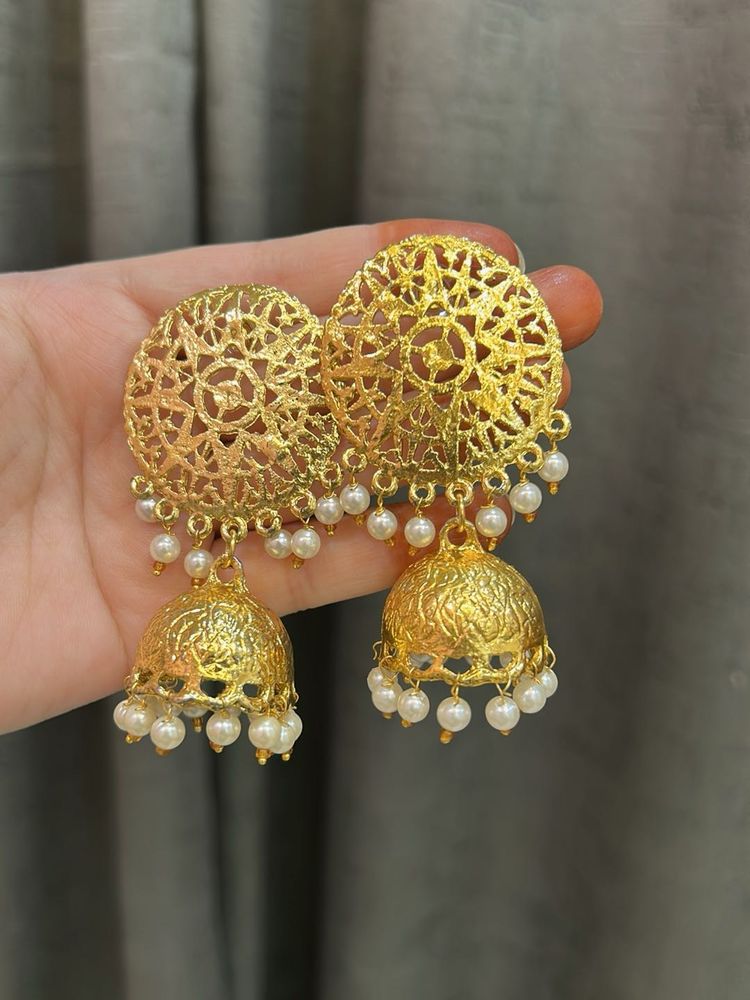 Golden Jhumka Earrings with Pearls