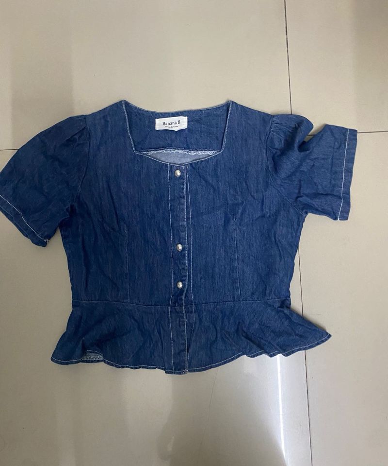 Denim Square Neck Peplum Top