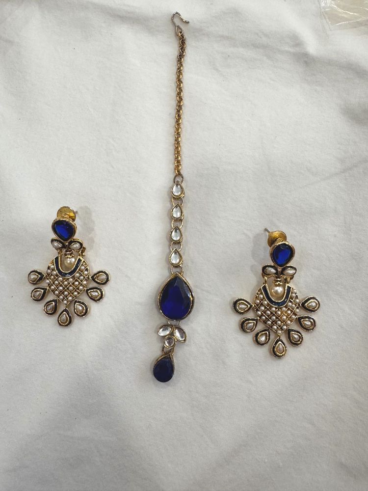 Blue Stone Maang Tikka &amp; Earring Set