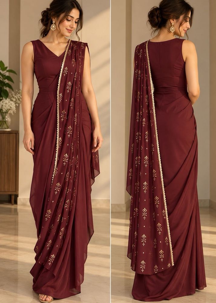 Pre-draped Indya Maroon Silk Saree Dress