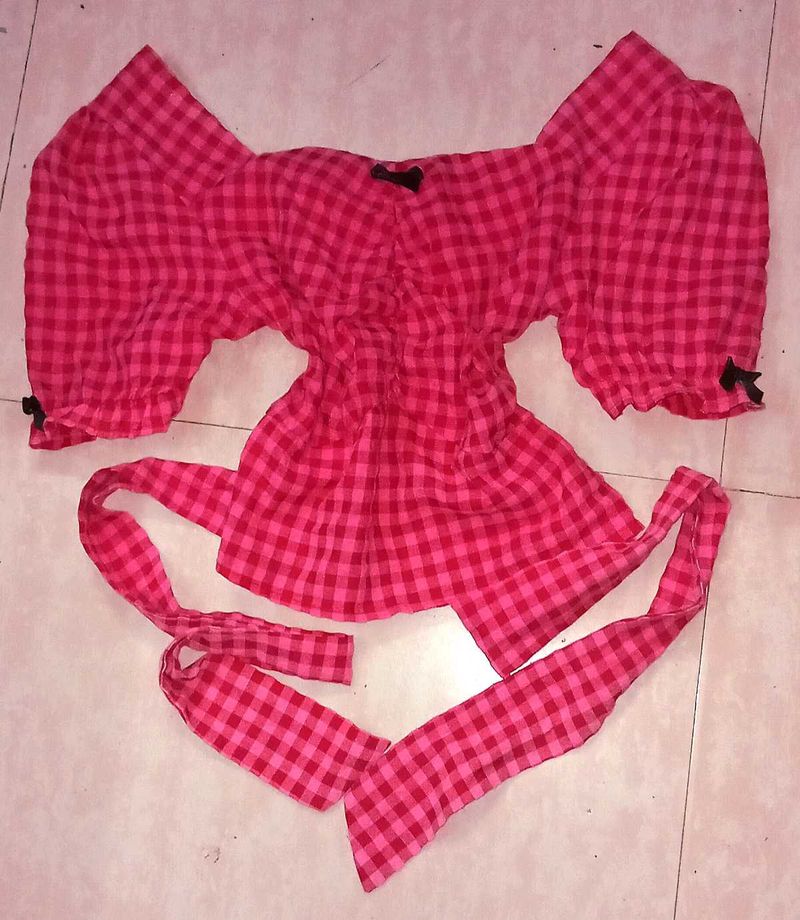 coquette aesthetic Pink Gingham Puff Sleeve Top wi