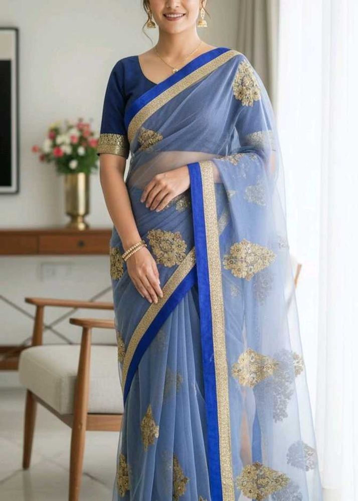 Royal Blue &amp; Gold Embellished Fabric with blouse