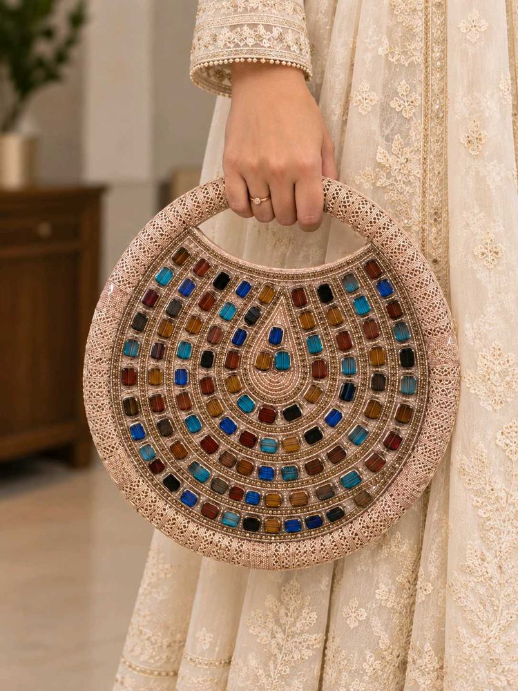 Rose Gold Multicolour Embellished Round Bag