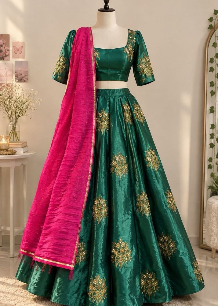 Emerald Green Embroidered Lehenga Choli Set