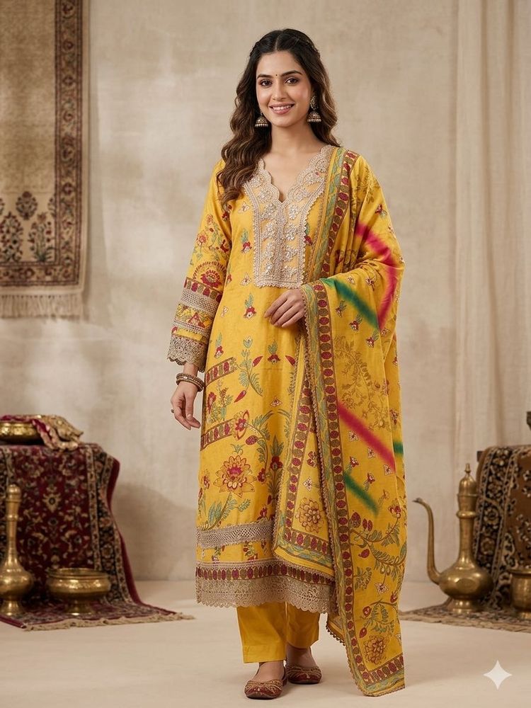 Yellow Floral Print Kurta Set