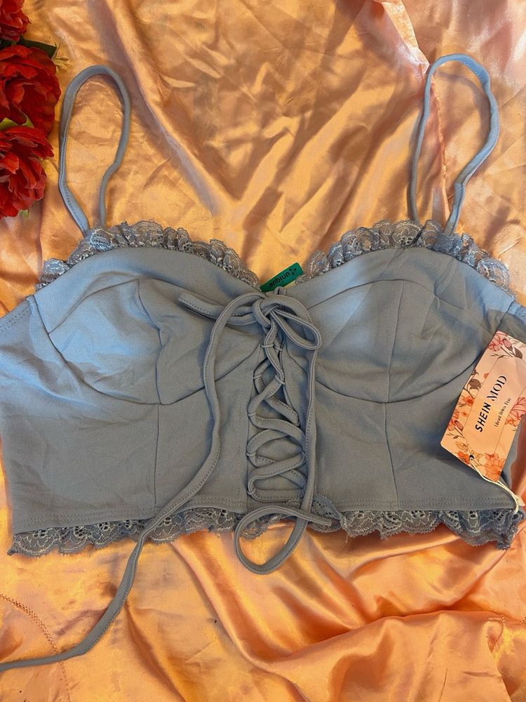 Cute Blue Lace Trim Crop Top