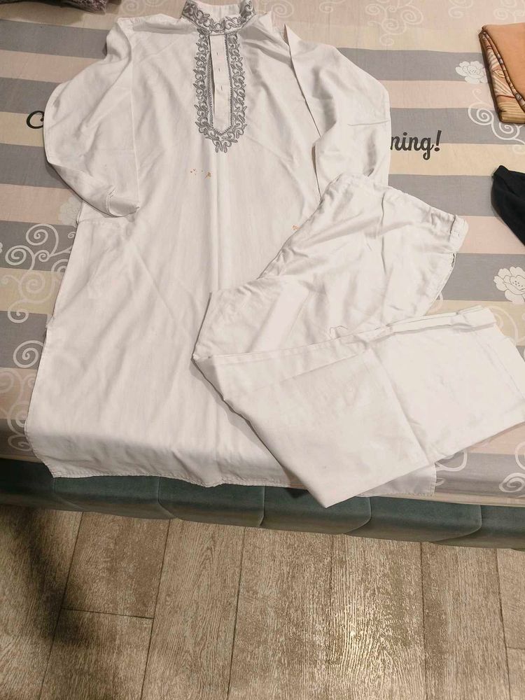 Men's White Kurta with Pants Set