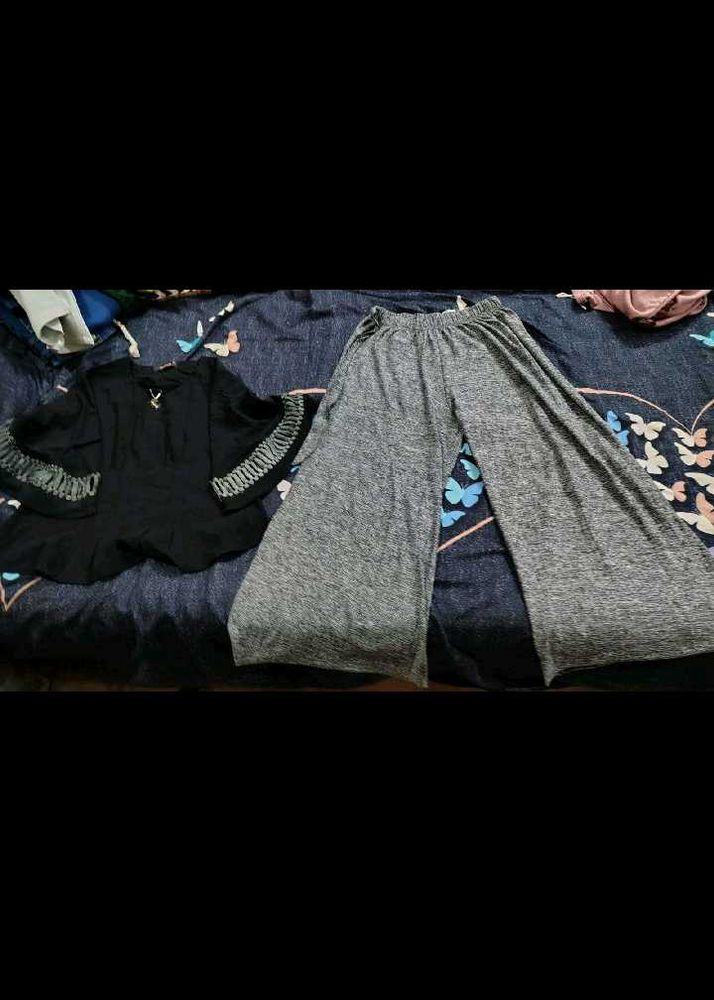 Stylish Black Kurta &amp; Grey Palazzo Set