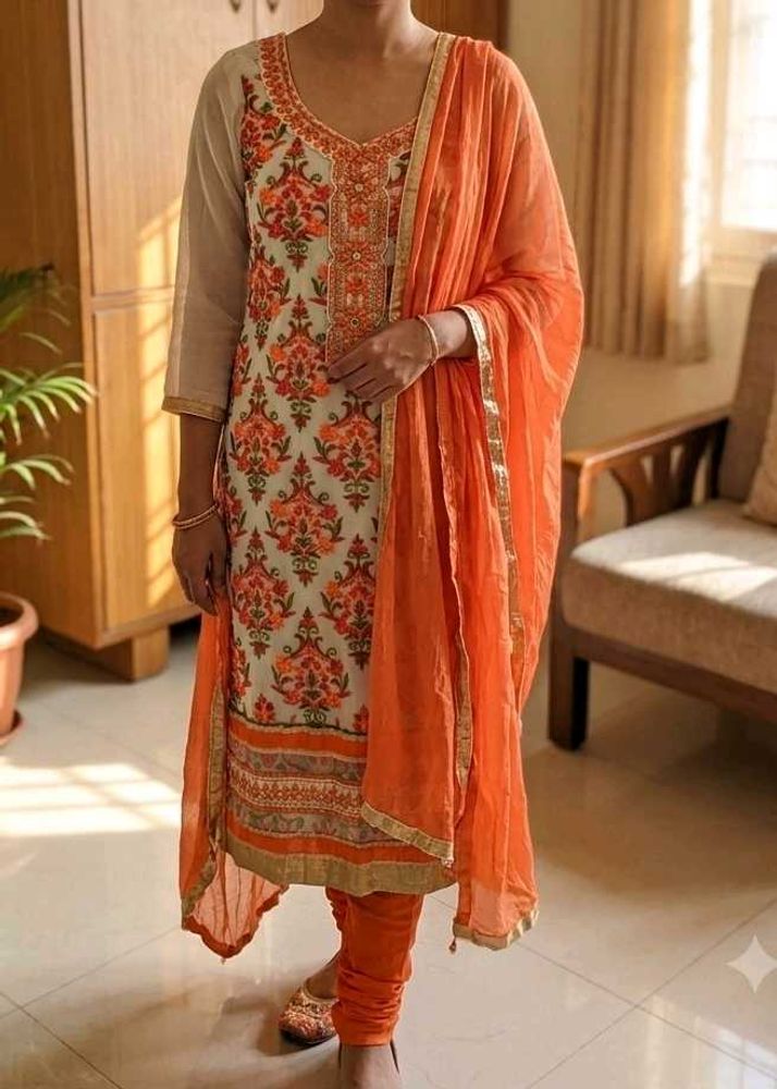 Elegant Orange &amp; White Embroidered Kurta Set