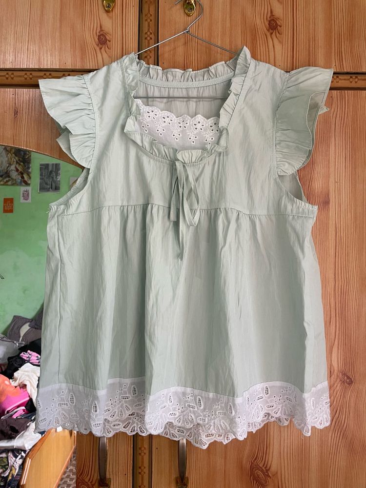 Light Green Lace Trim Top