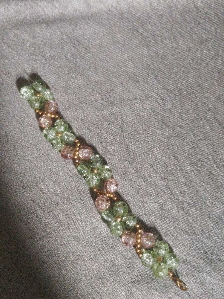 Beaded Bracelet with Green and Pink Gems