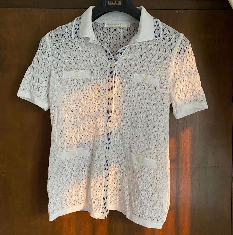 Elegant White Knitted Short Sleeve Polo Shirt