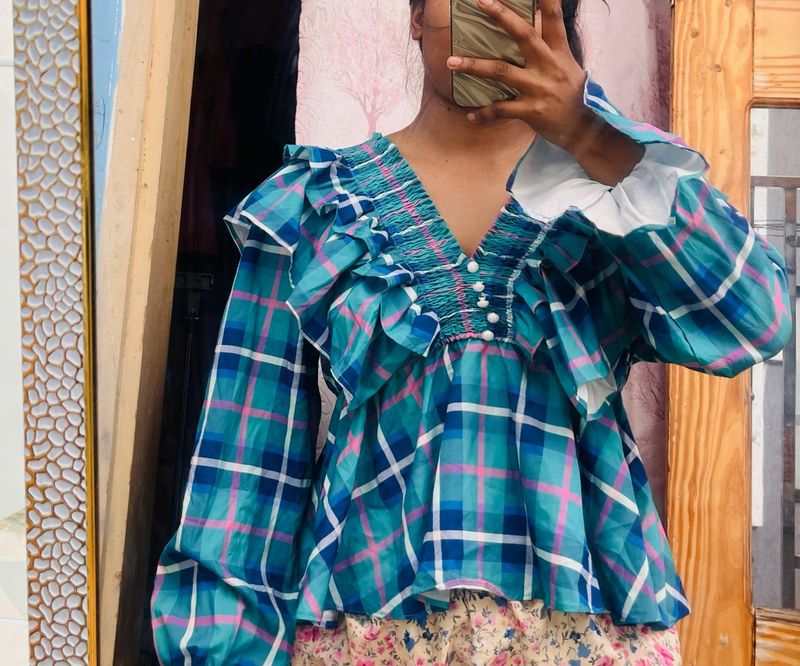 Trendy Plaid Ruffle V-Neck Top
