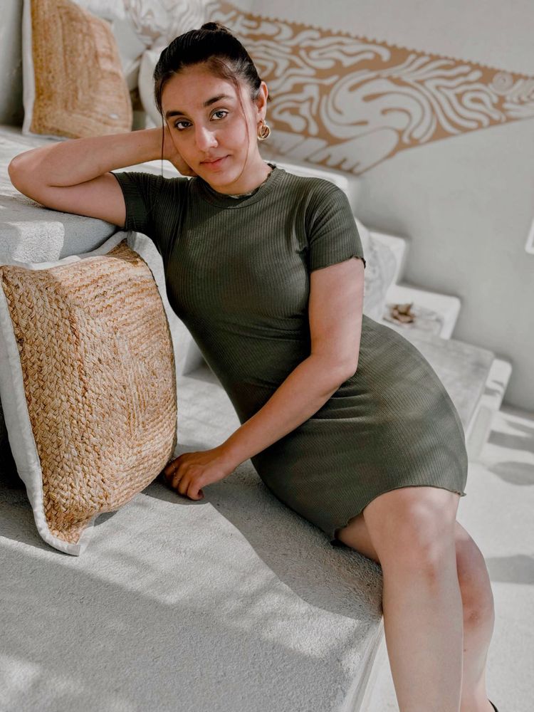 Chic Olive Green Ribbed Mini Dress