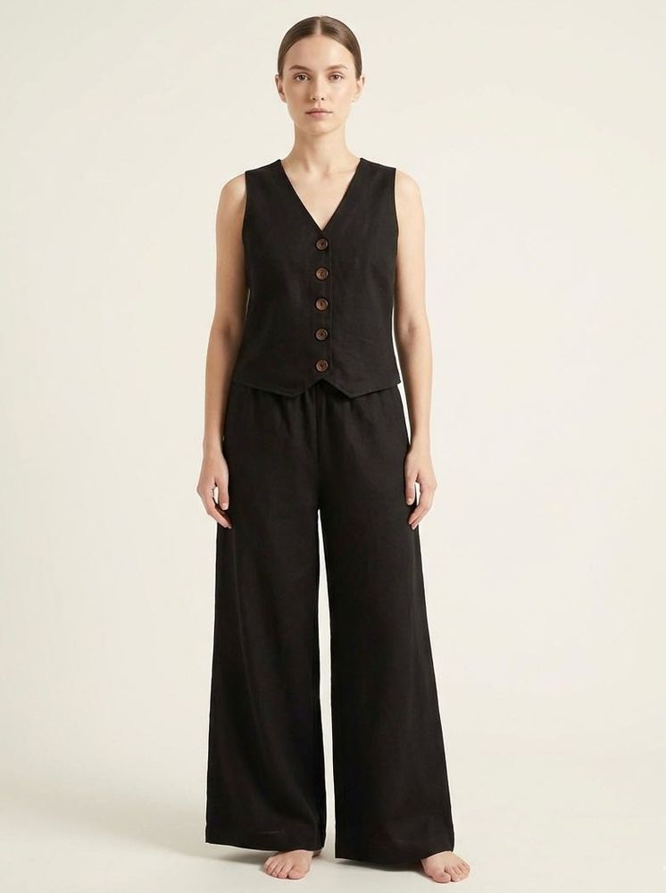 Black Linen Vest Top &amp; Wide Leg Pants