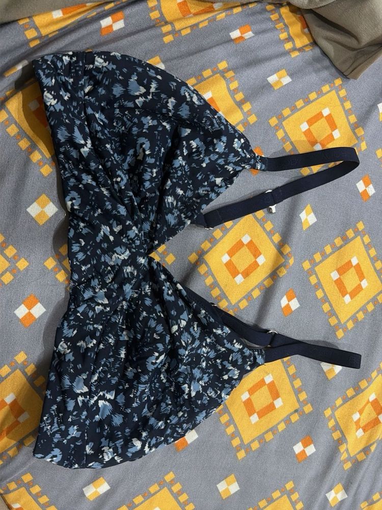 Navy Floral Print Bikini Top