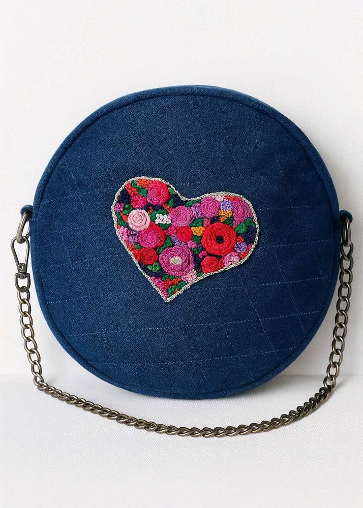 Handmade Upcycled Denim Round Sling Bag with Flora
