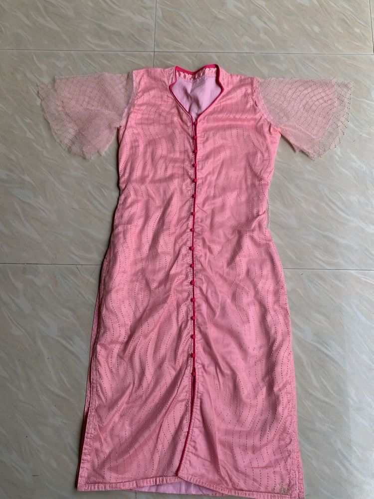 Elegant Pink Kurta with Sheer bell Sleeves