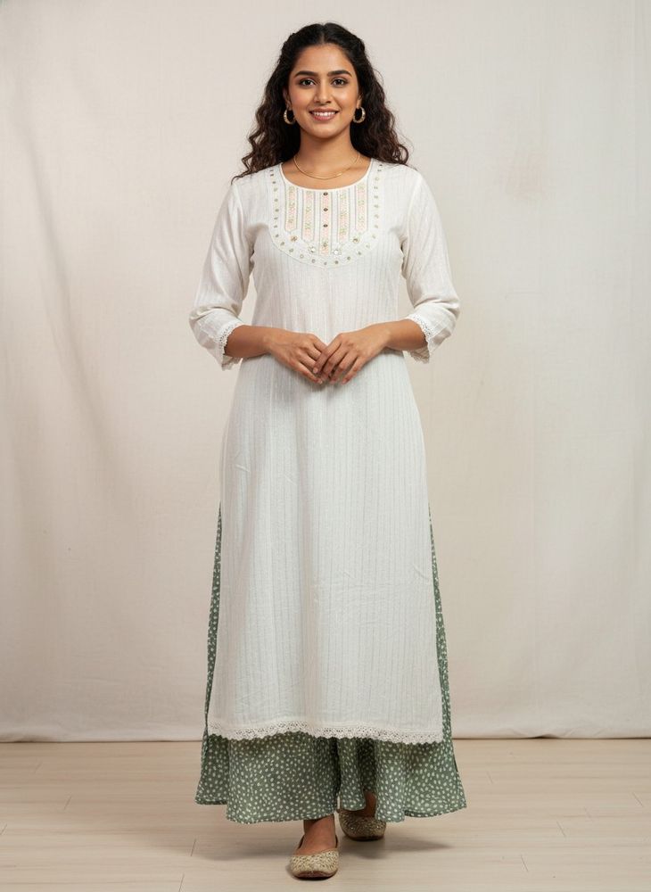 Elegant White &amp; Green Kurta Set