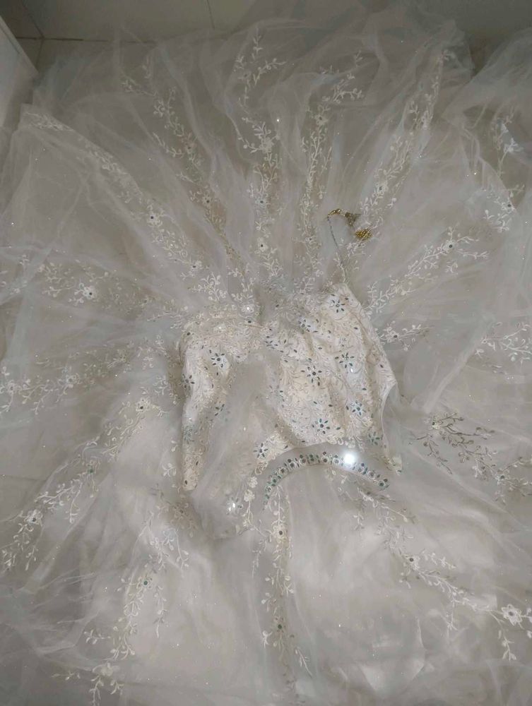 heavy flared White Anarkali Gown