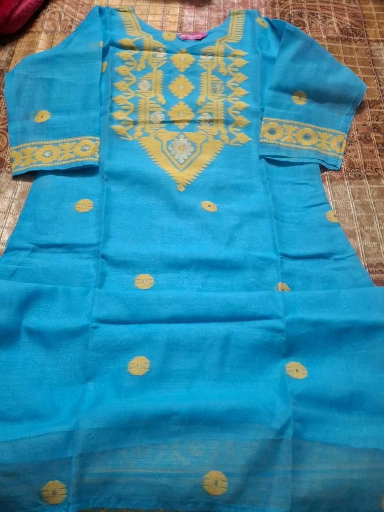 Blue cotton jamdani Kurta with Yellow Embroidery