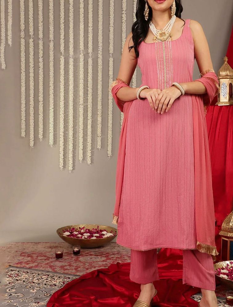 Pink silk crepe striped Kurta Set with Dupatta