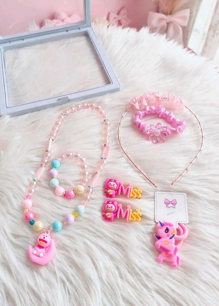 🆕Kids Cute Pink Jewelry &amp; Hair Accessories Set