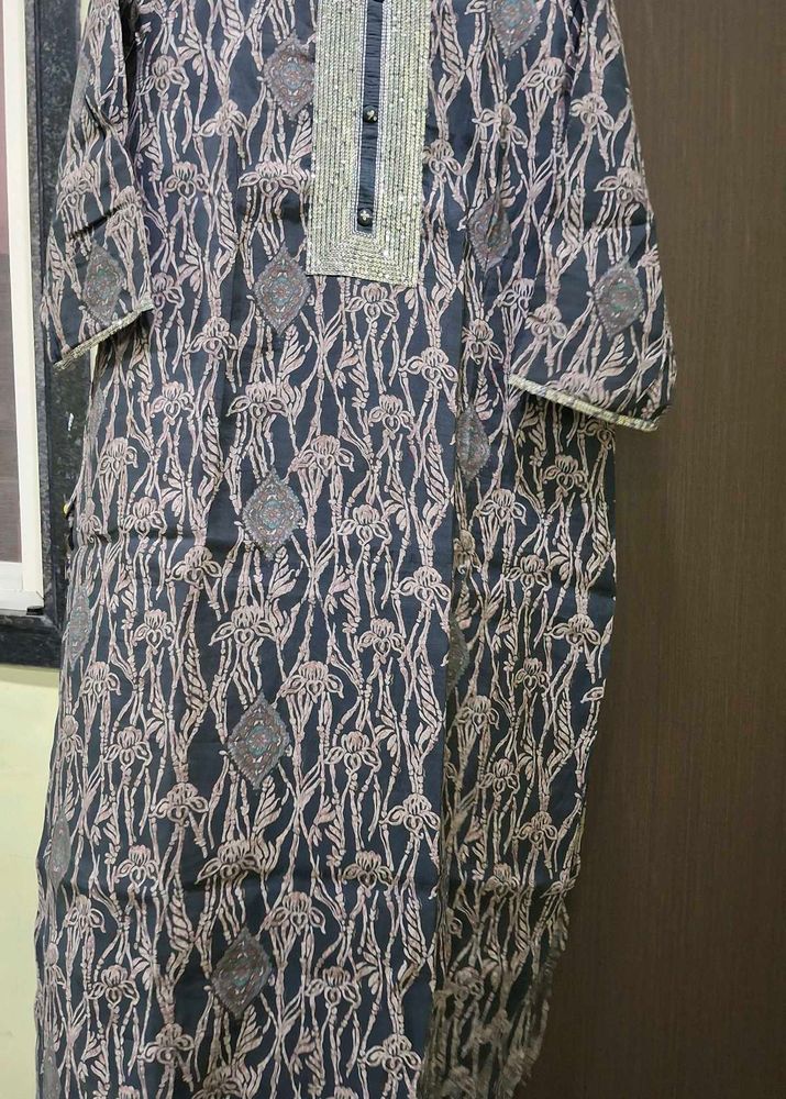 Elegant Printed Kurta with Embellished Neckline