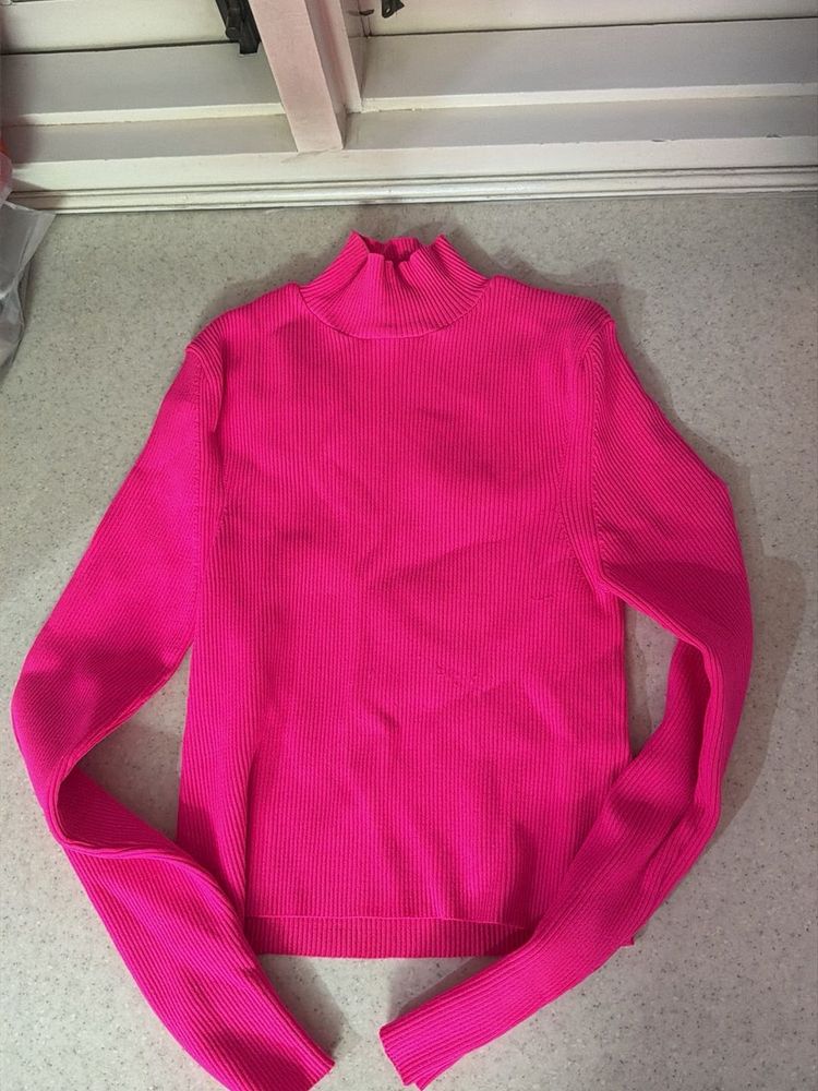 Hot Pink Ribbed Mock Neck Top