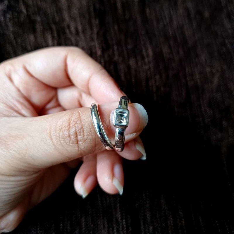 (Set of 2) Chic Silver Square Gem Ring + Band