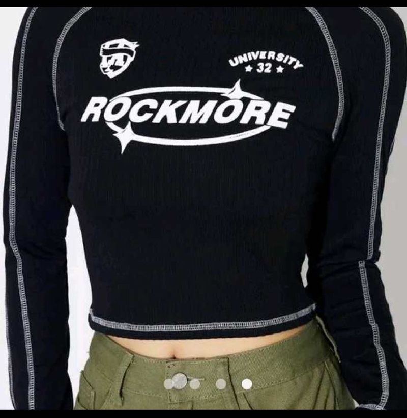 Black "Rockmore" Graphic Long Sleeve Crop Top