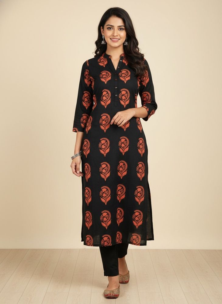 Elegant Black Kurta Orange Block Print