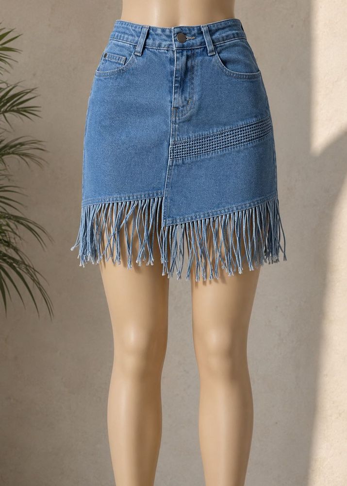 Light Blue Denim Fringe Mini Skirt