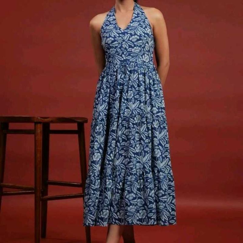 Blue Floral Print Halter Neck Dress