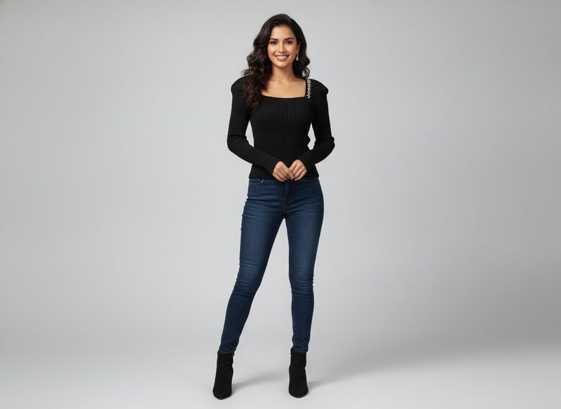 Ribbed Black Top with Embellishments