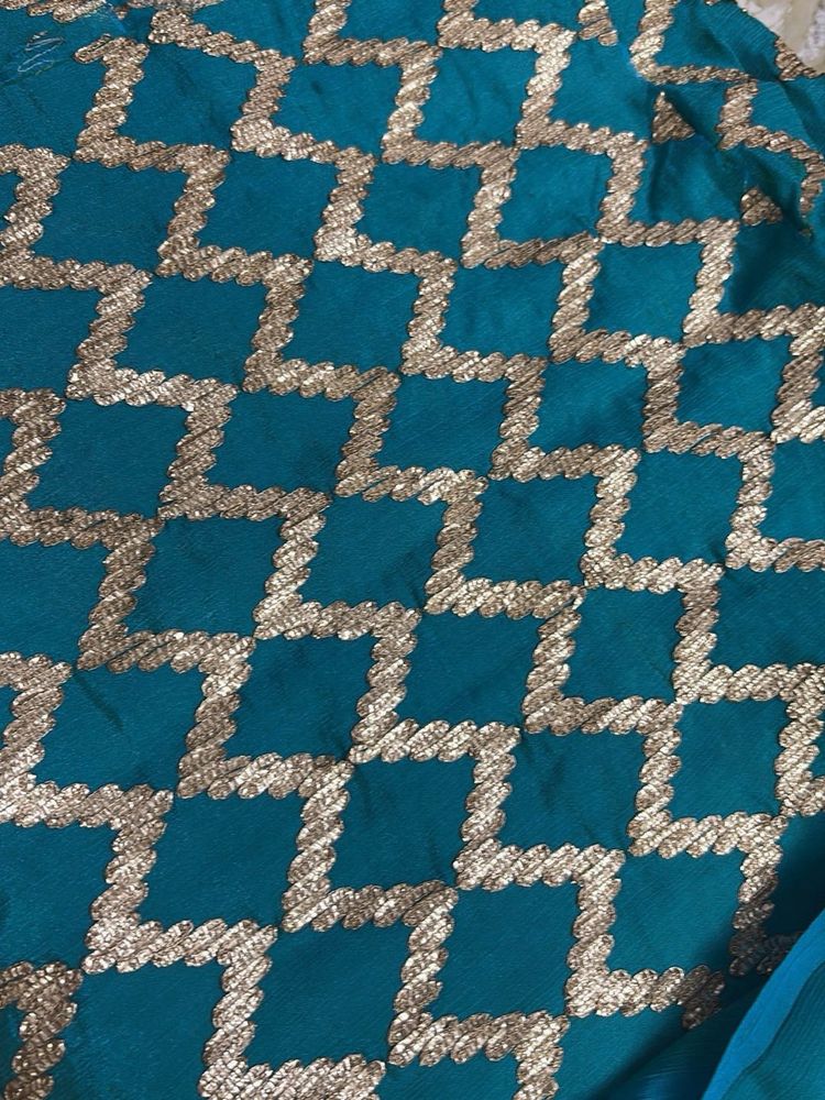 Teal Blue Sequined Geometric Print Fabric