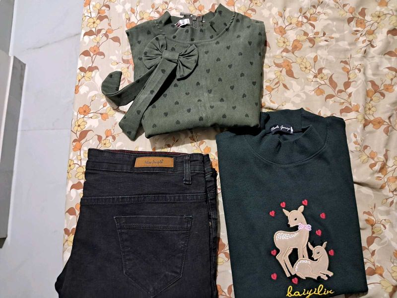 2 Cute Green Top 💚and floral black denim👖