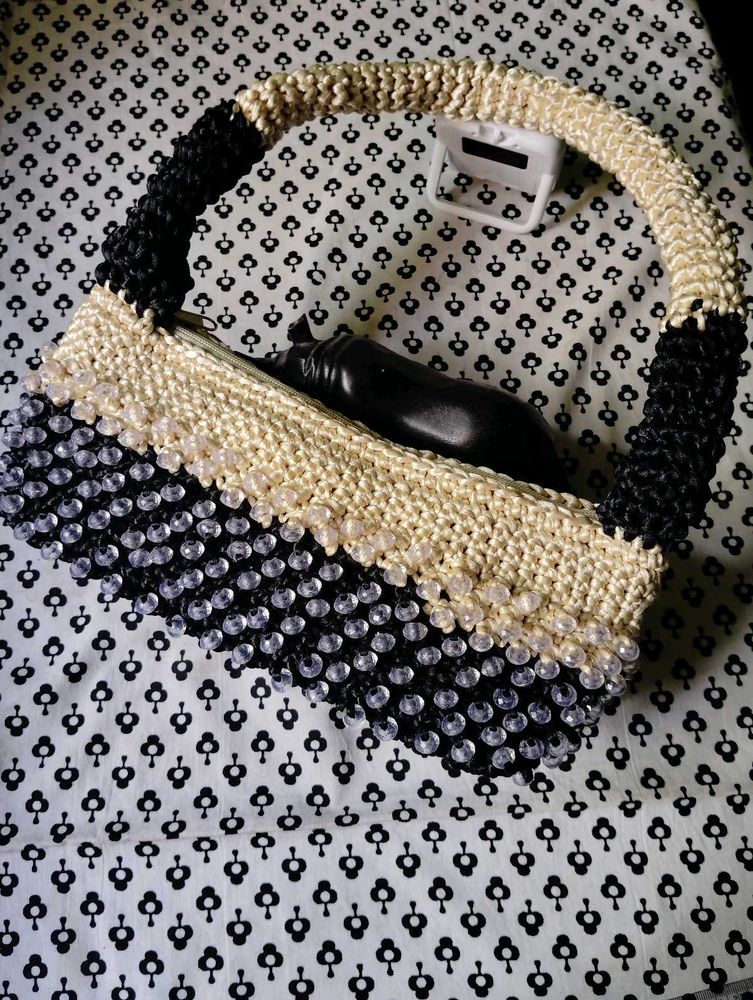 Black &amp; cream macrame Handbag