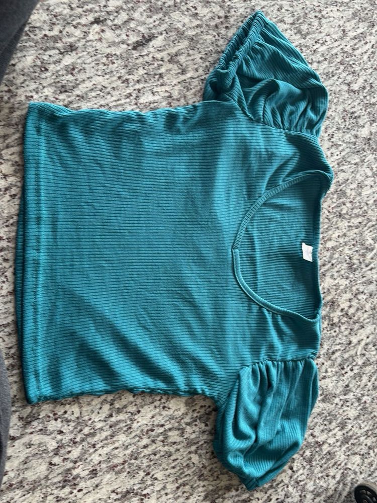 Teal Ribbed Puff Sleeve Top