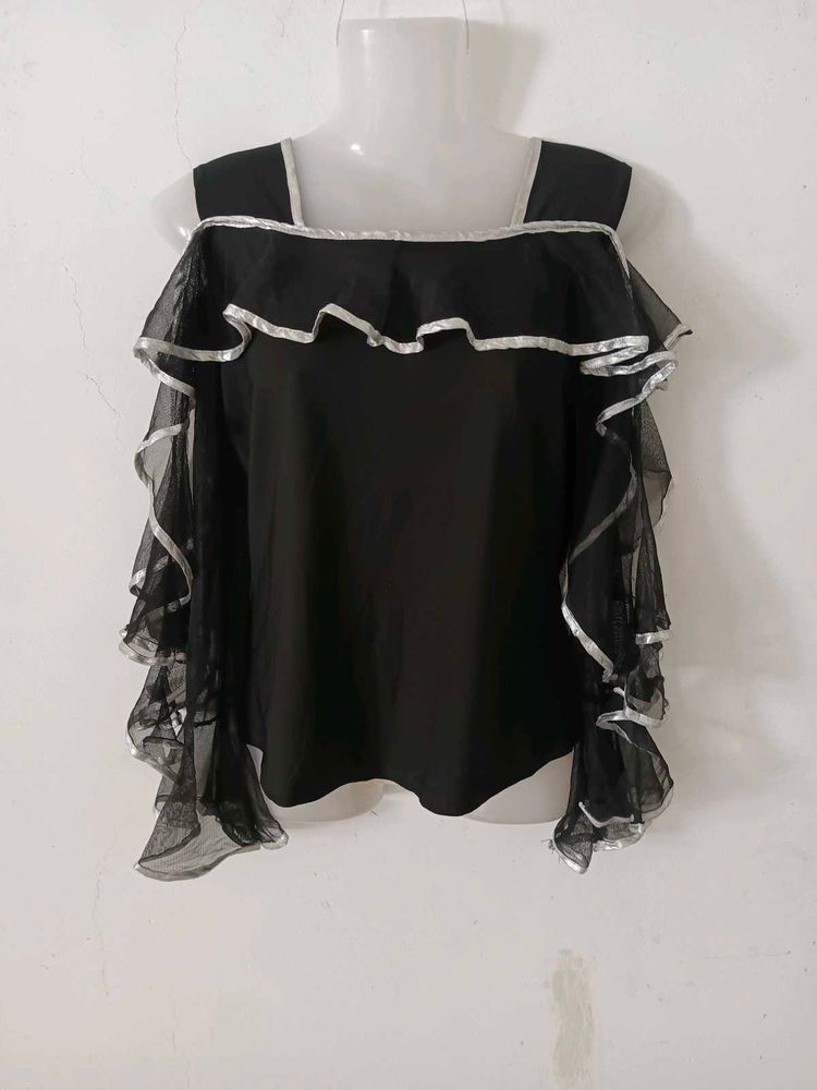 Chic Black Cold Shoulder Ruffle Top