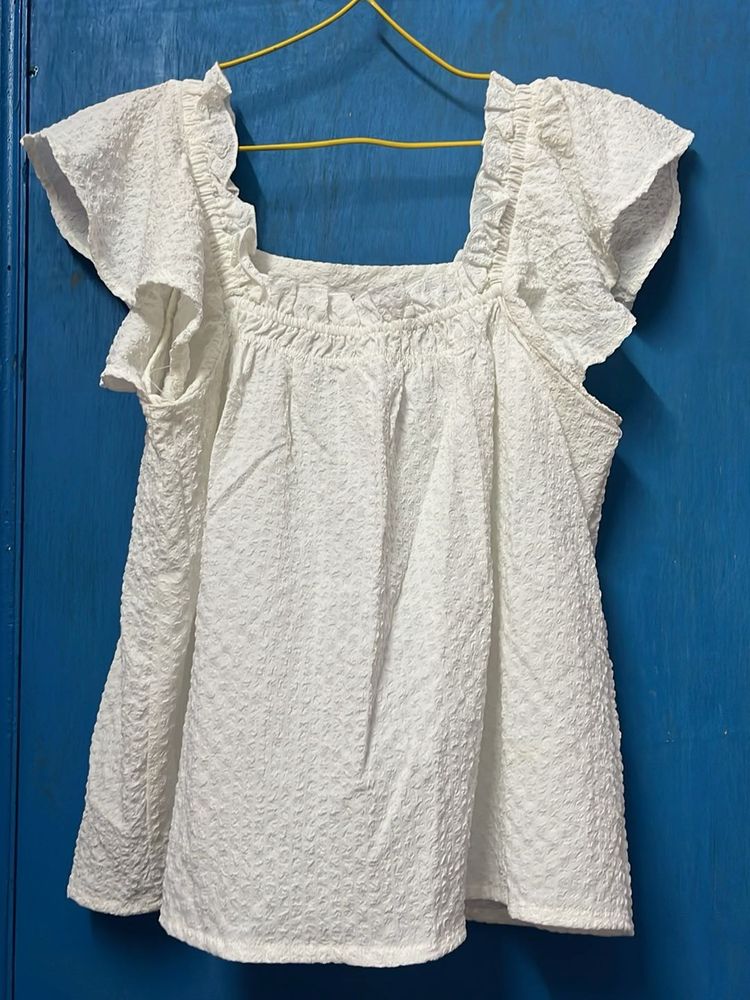 White Textured Square Neck Top