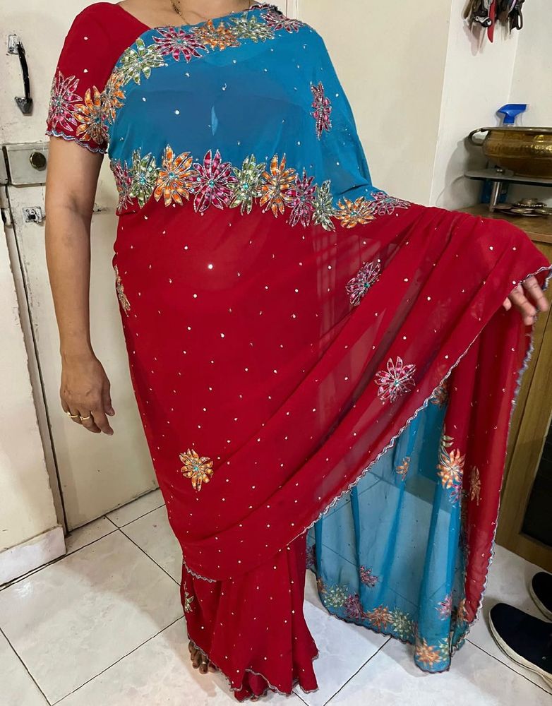 Vintage Handwork Red &amp; Blue Embroidered Saree