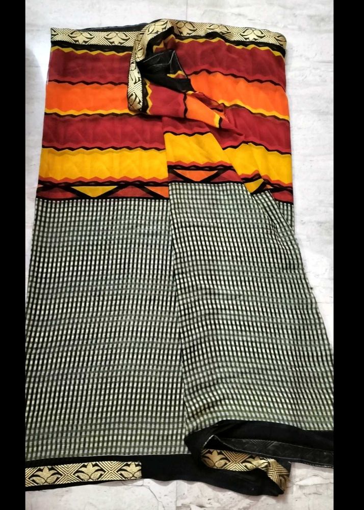 🧡 Black Checkered &amp; Sunset Striped Casual Saree