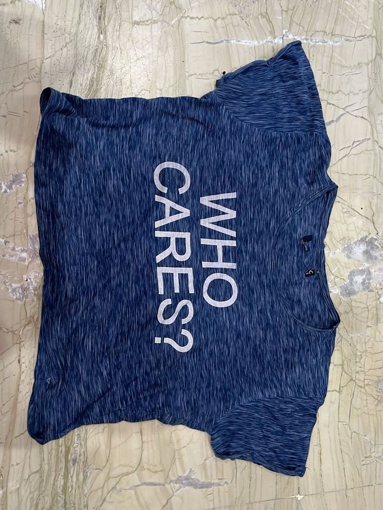 Blue Graphic T-Shirt "WHO CARES?"
