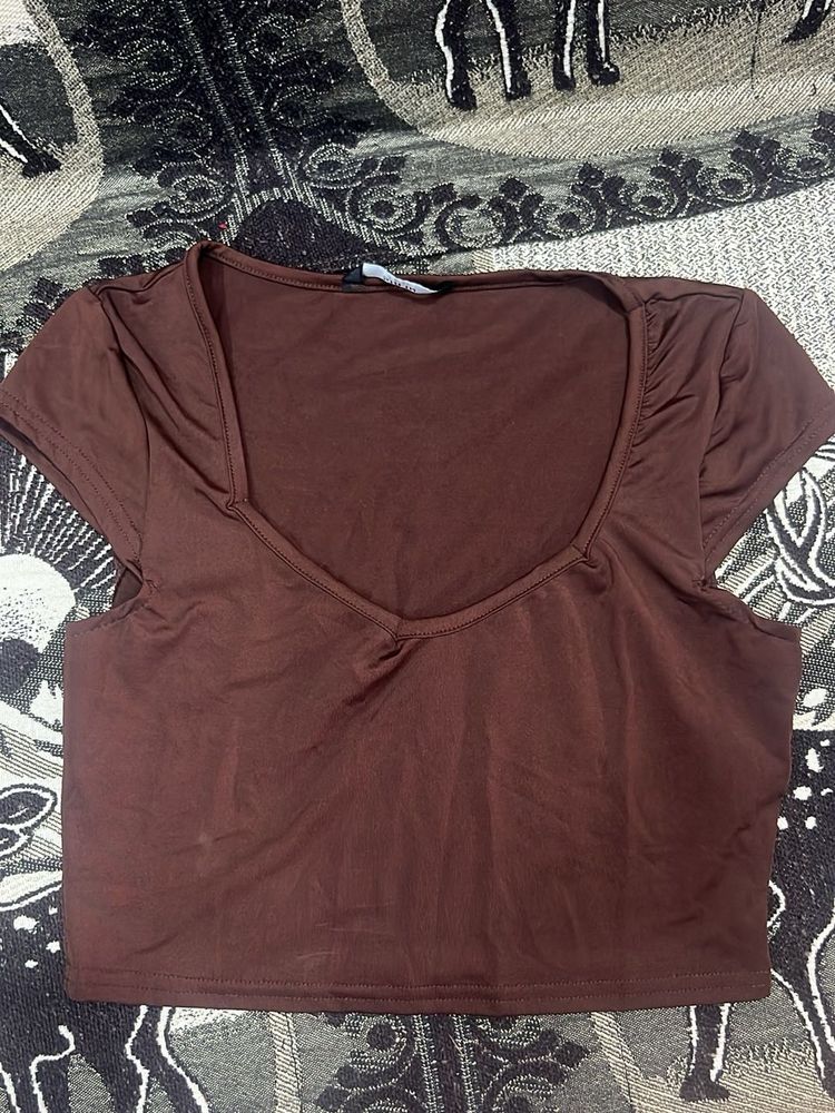 Brown V-Neck Cropped Top