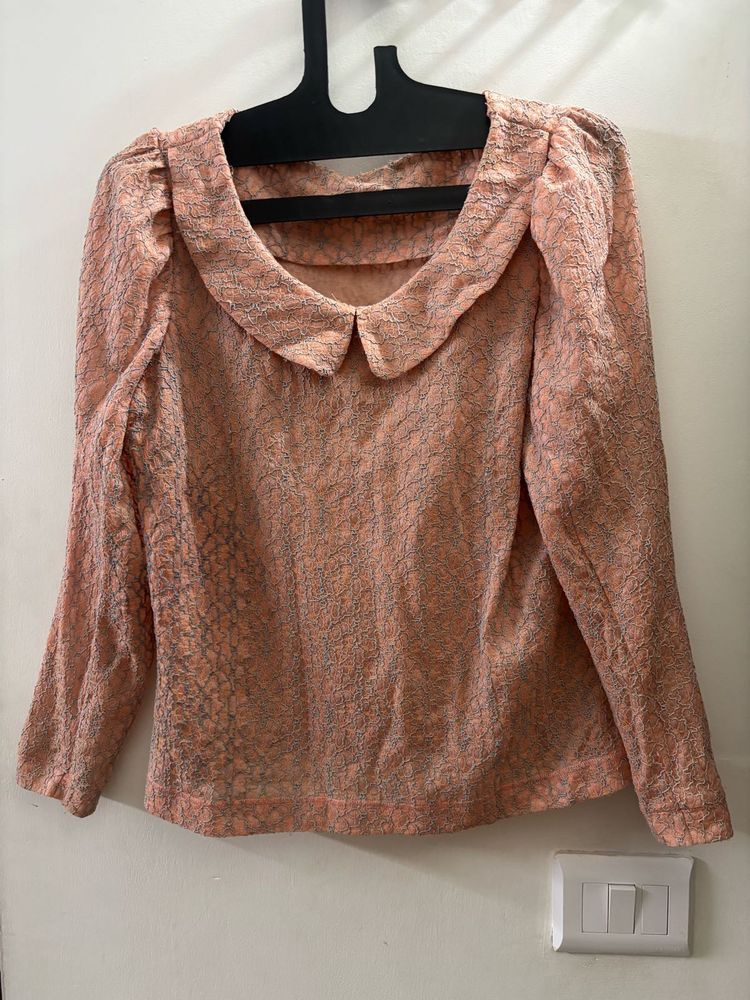 Elegant Peach Textured Peter Pan Collar Top