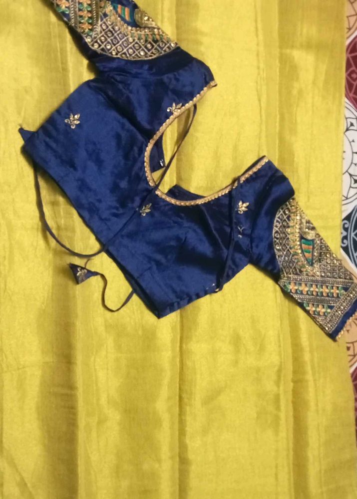 Gold Saree with Navy Blue embroidery Blouse