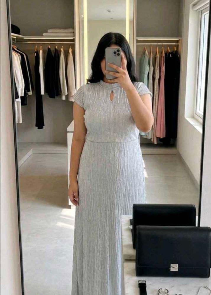 Elegant Silver Pleated Maxi Dress